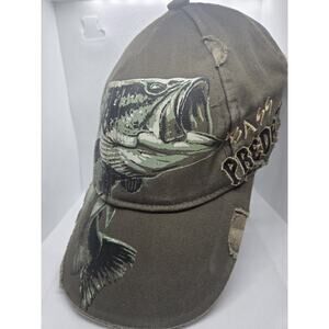 Vtg Embroidered Big Bass Fishing Hat Cap Green Buck Wear Cotton Pro Travel Work